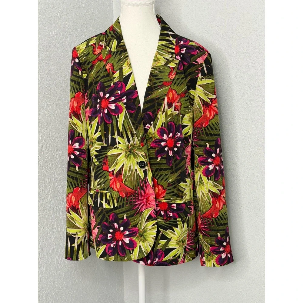 Chicos Tropical Palm Floral Blazer Jacket Green Pink Botanical Print Size 2 LGE - Picture 1 of 7